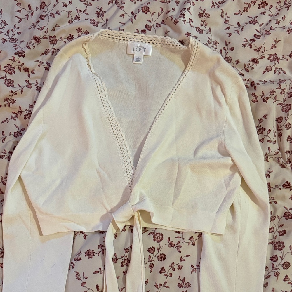 LOFT Ivory Tie-Front Cardigan